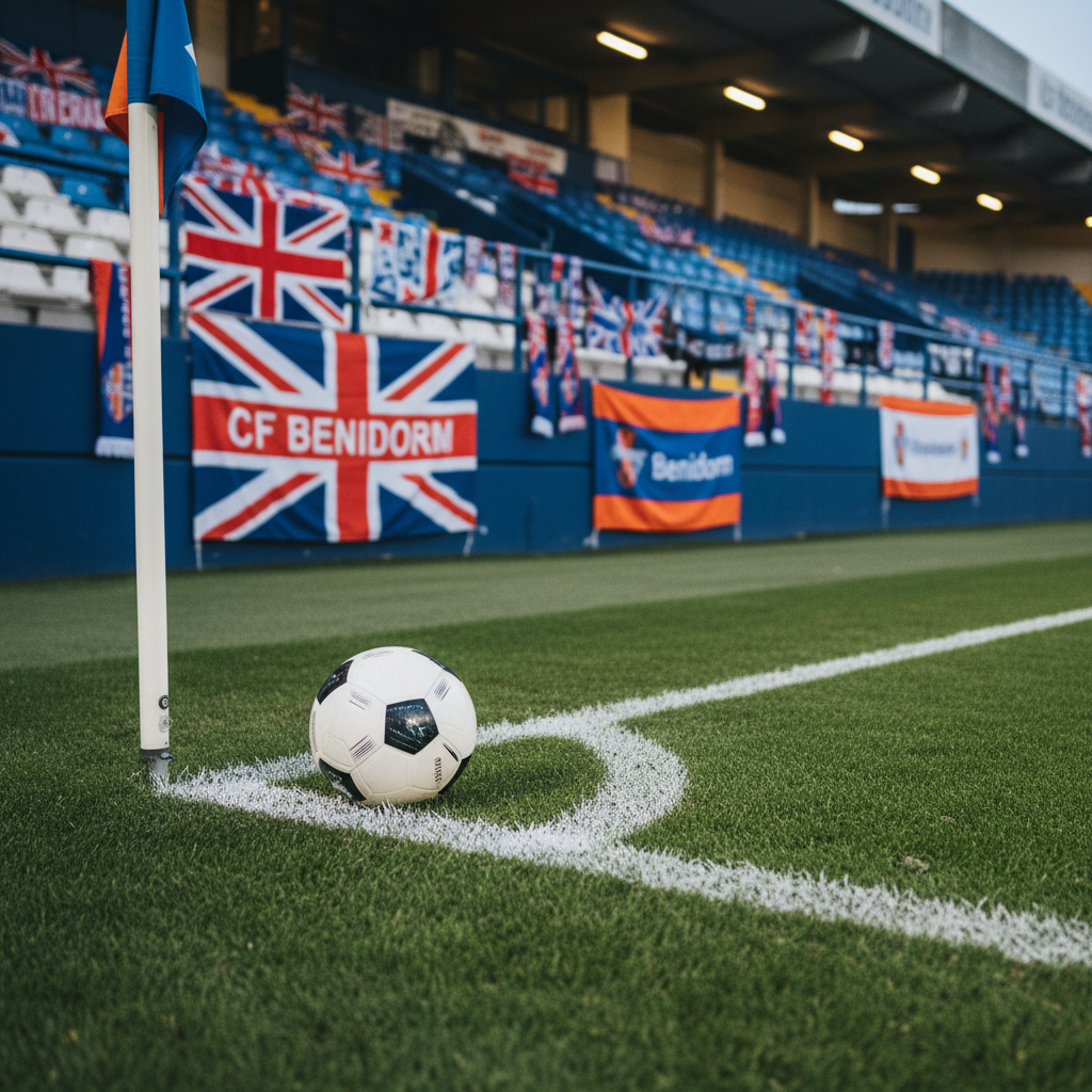 A close-up, pitch-level photographic view of a pristine football resting on the immaculate green turf at CF Benidorm’s home ground, placed near the white touchline and corner flag. In the mid-distance, an empty stand is decorated with neatly hung UK supporters’ scarves and flags in blue, white and orange patterns, artfully arranged on the railings to imply a dedicated British fan base without any people present. Soft evening stadium lighting creates a gentle, even glow, with subtle reflections on the ball’s textured surface and faint bokeh from distant floodlights. The mood is focused and professional, as if just before a match. Shot at eye level with shallow depth of field, emphasising the ball in crisp detail while the stands blur into a colourful, supportive backdrop.