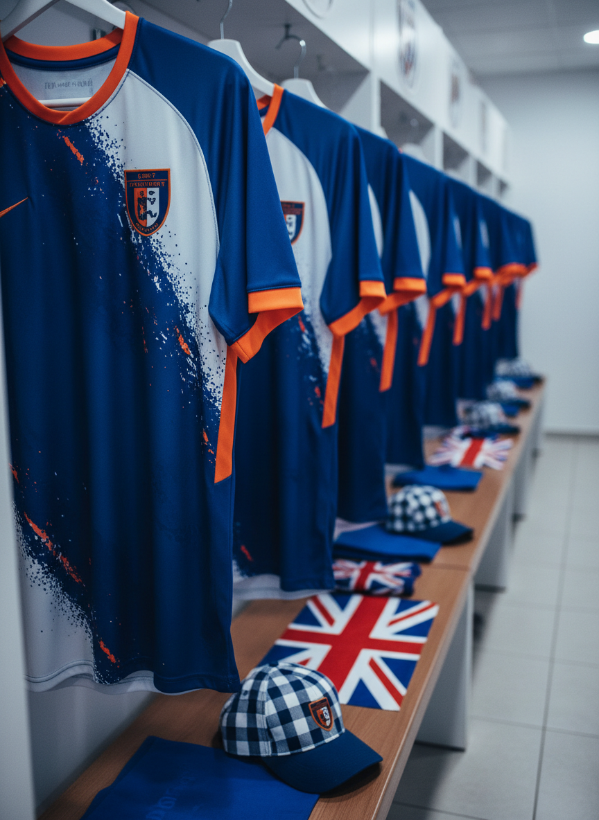 A detailed close-up photographic image of a row of generic football shirts hanging neatly in a modern, well-lit dressing room, with no names, numbers, or logos visible. The shirts feature a combination of blue, white and subtle orange accents to evoke CF Benidorm colours in an abstract way. On the bench below, neatly folded UK-themed accessories such as a blue-and-white checked cap and a small, pattern-only flag suggest the presence of British supporters without showing any people. Cool, even overhead lighting creates a crisp, professional atmosphere with soft shadows under benches and along the floor. Shot from a slightly low angle down the row of shirts, using a shallow depth of field so the nearest shirt is in sharp focus while the others gradually blur, conveying anticipation before a match.