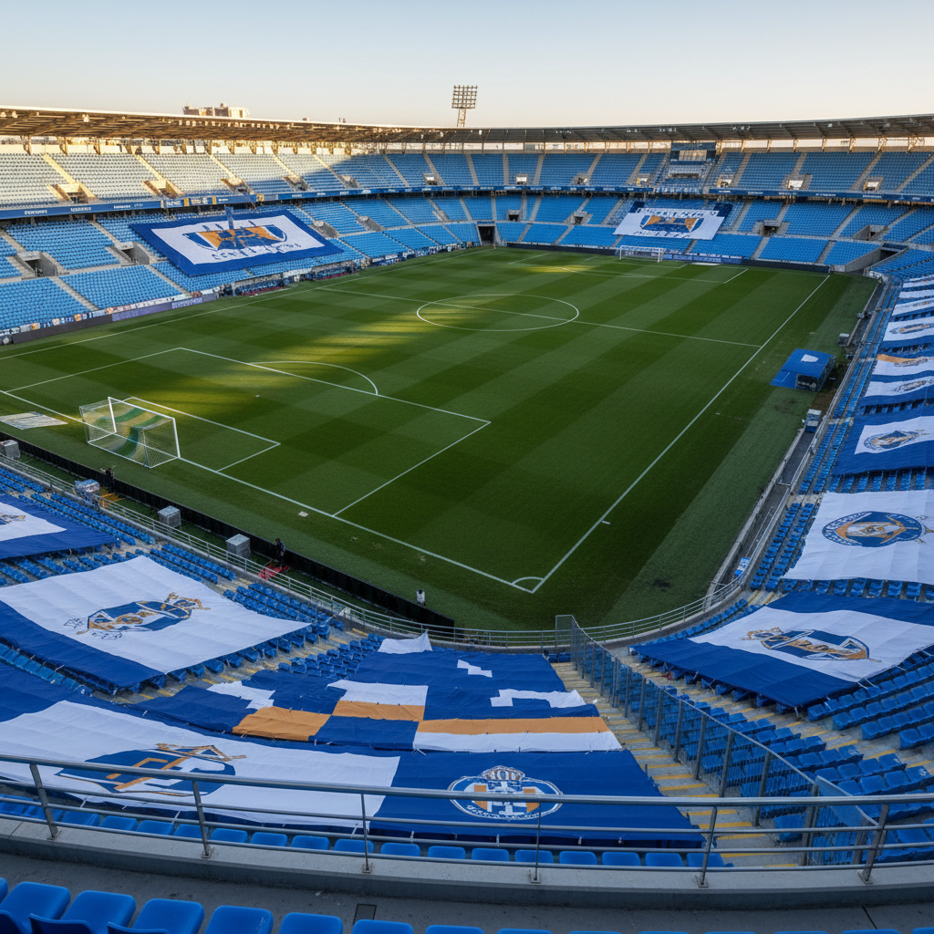 A pristine modern football stadium bowl seen from a high, slightly elevated corner angle, with vivid green grass marked by crisp white lines and bright blue seating wrapping around the pitch. Several large, neatly arranged UK-style supporters’ flags and banners in CF Benidorm colours are carefully draped over empty seats, suggesting devoted but independent fans without showing people. Late afternoon golden sunlight streams in from one side, casting long shadows across the pitch and subtle reflections on the metal railings. The atmosphere feels professional and anticipatory, like minutes before kick-off. Photographic realism with sharp focus throughout, clean composition using the rule of thirds, and a clear blue Spanish sky softly blurred in the background. No visible logos or text, just colour blocks and abstract emblems hinting at the club identity.