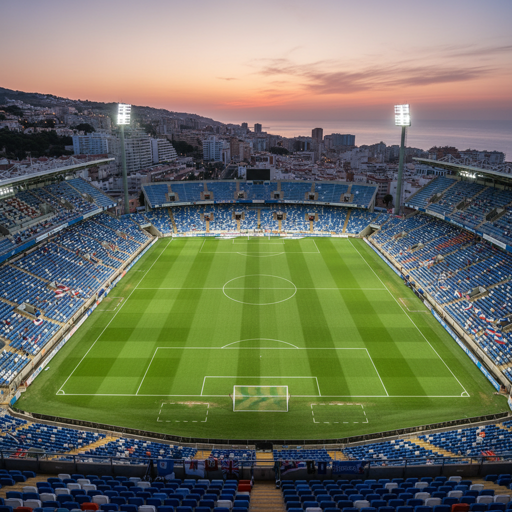 A wide, panoramic photographic shot of a Spanish coastal city stadium at dusk, with the pitch in the foreground and the city skyline and distant sea softly visible beyond the far stand. The stands are empty but dotted with carefully placed blue, white and orange seat covers and neatly arranged fan paraphernalia such as generic flags and scarves, subtly suggesting CF Benidorm’s UK supporters while avoiding any specific logos or text. Stadium floodlights bathe the pitch in bright, even light, contrasting with the warm, fading sunset in the sky. The mood is dramatic yet professional, emphasising the scale of the club’s home and its connection to the resort city. Captured from a high, central vantage point with sharp focus across the entire frame for a clean, modern website hero image.