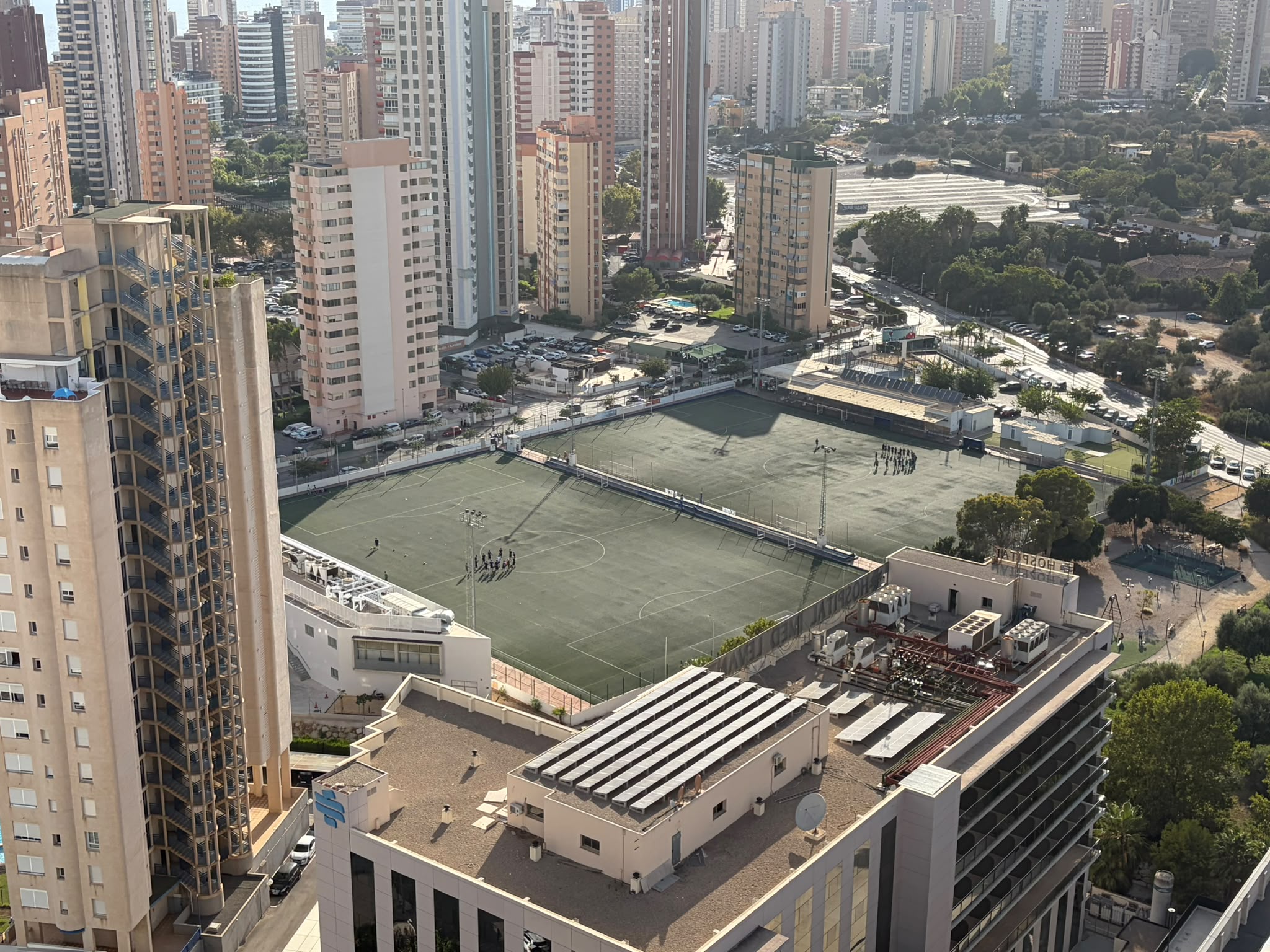 Aerial view of CF Benidorm stadium from the city